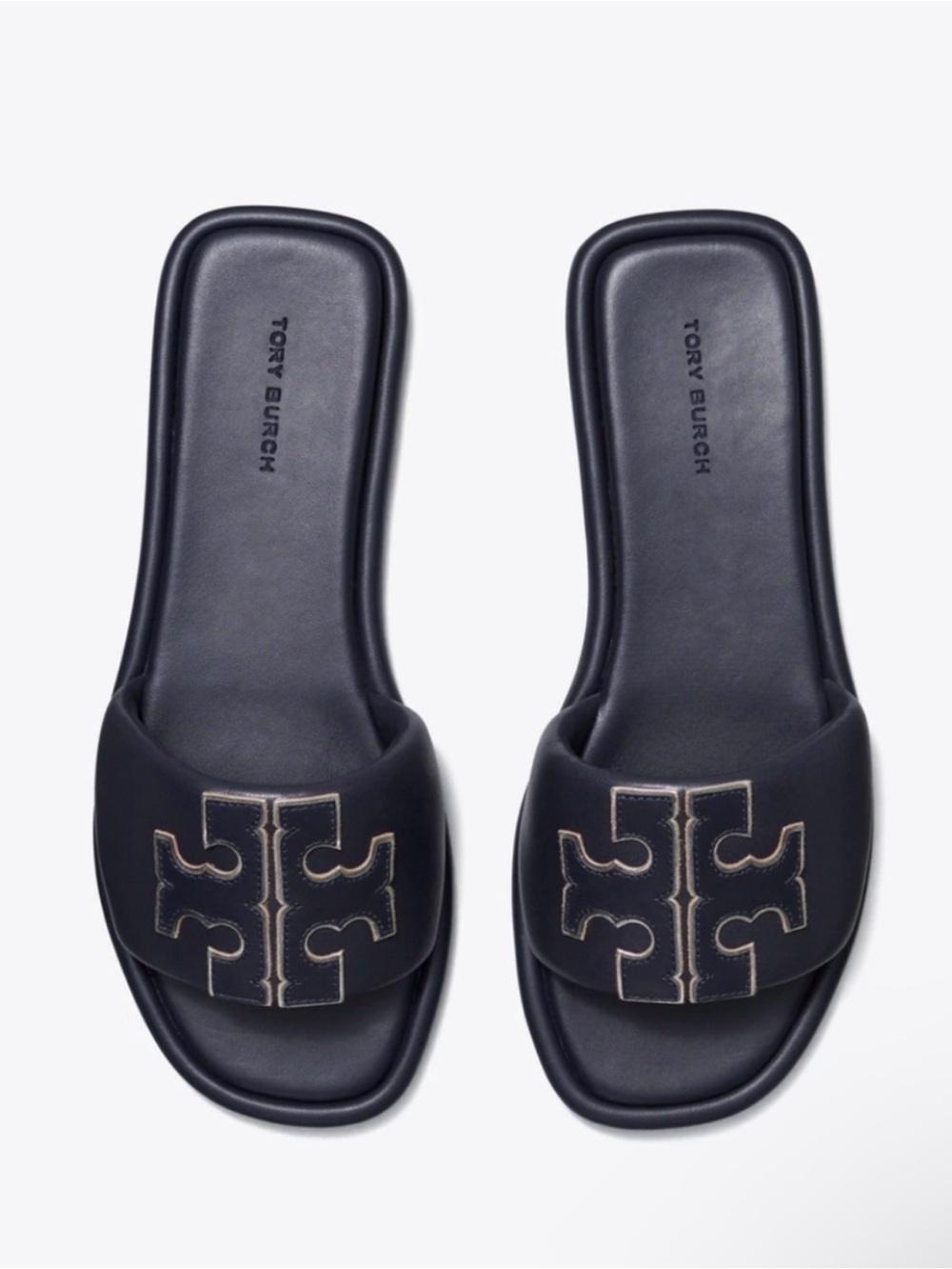 Tory Burch Double-T Sport Slide Sandal Navy Gold 10 Summer Designer Luxury‎